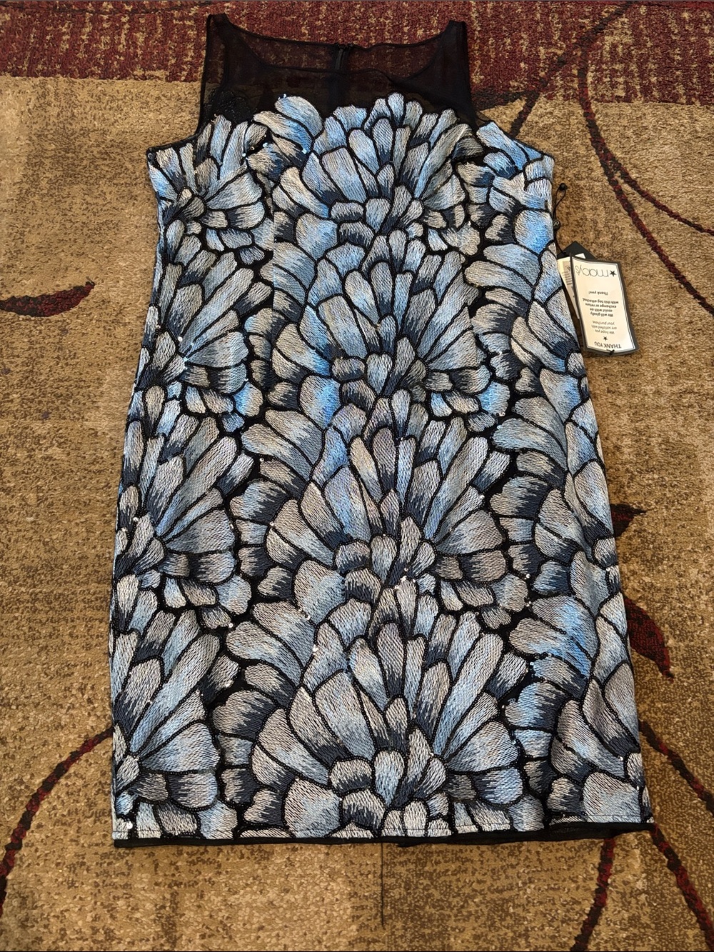 Sleeveless Blue Floral Mesh Yoke Dress